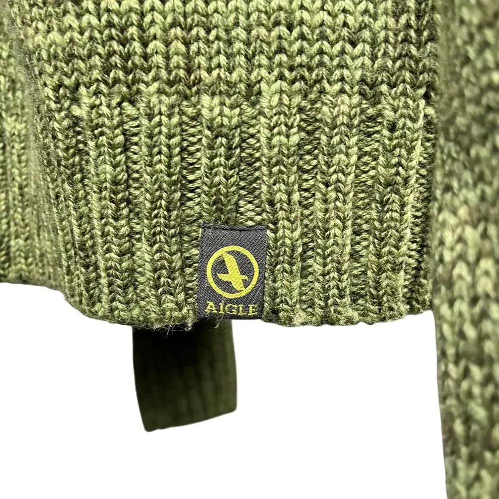 Aigle Mens Wool Zip Up Cardigan Sweater Knit Green‎ Stripe Grunge Y2K Medium